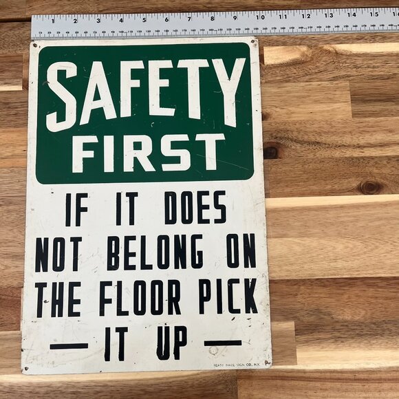Vtg Safety First Tin Metal Sign Industrial Work Advertising Ready Made Sign Co - Picture 7 of 8